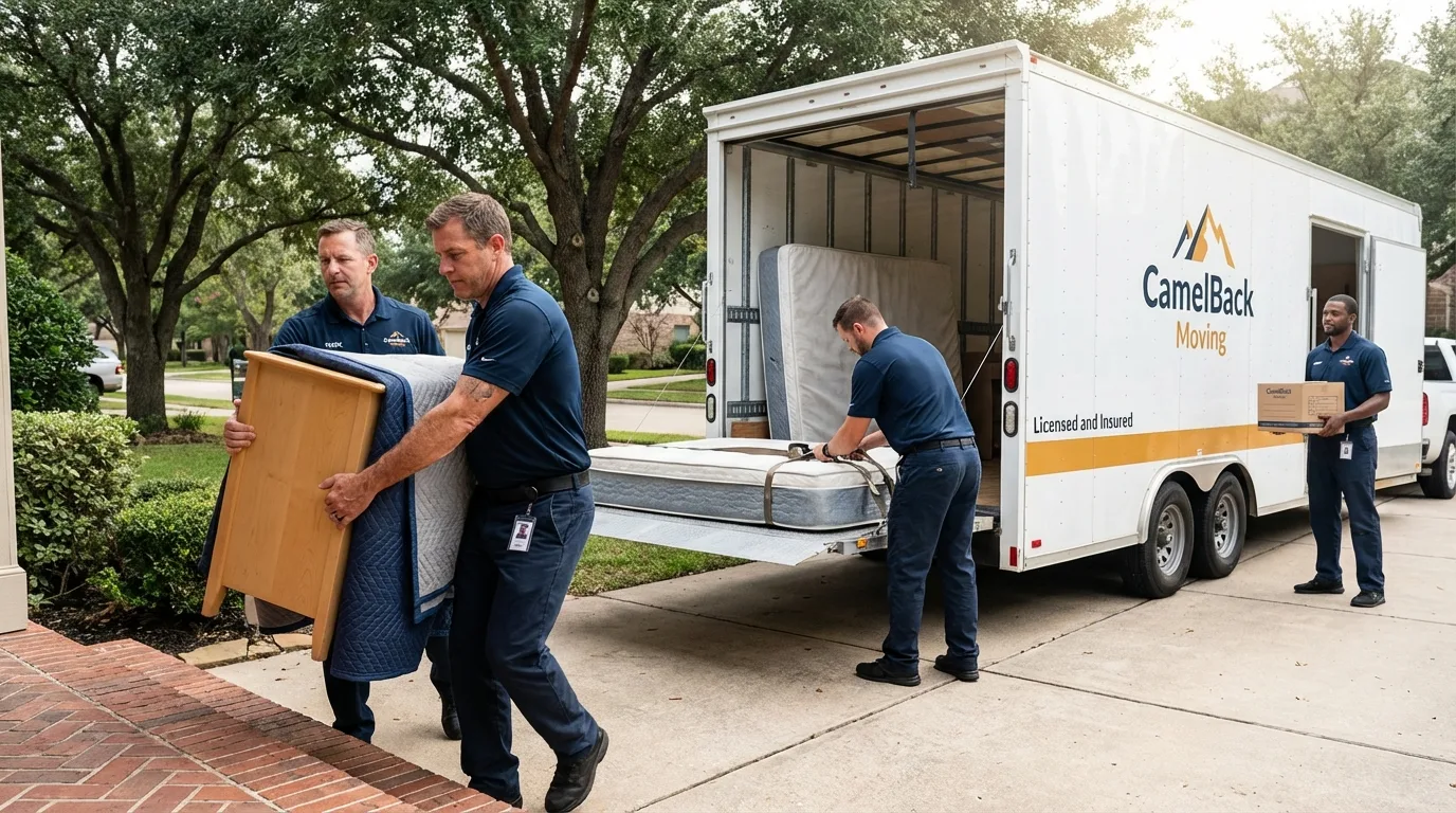 Crew loading residential truck for cross-state move from Manistee, MI