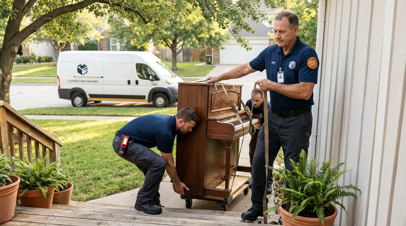 Licensed piano movers securing grand piano in Manistee, MI