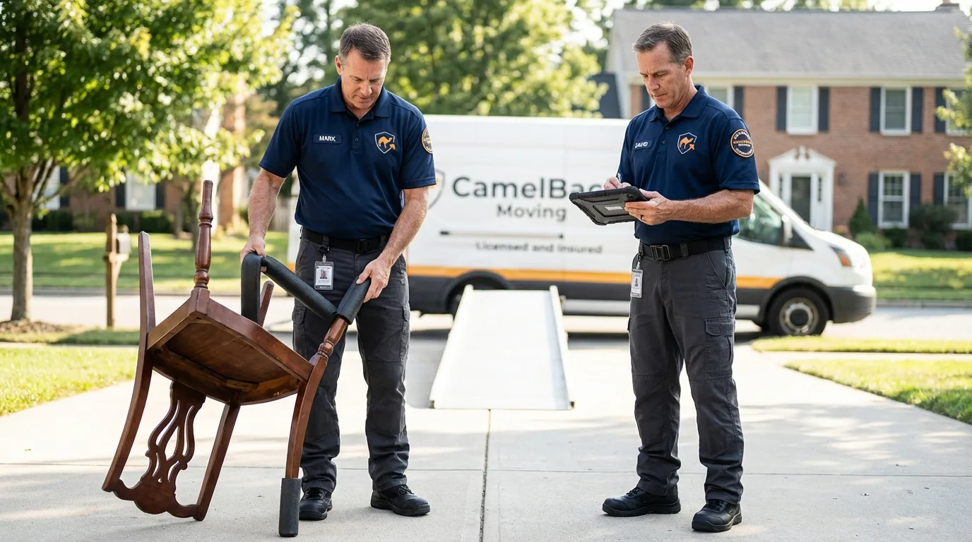 Movers inspecting furniture for damage prevention before loading in Manistee, MI