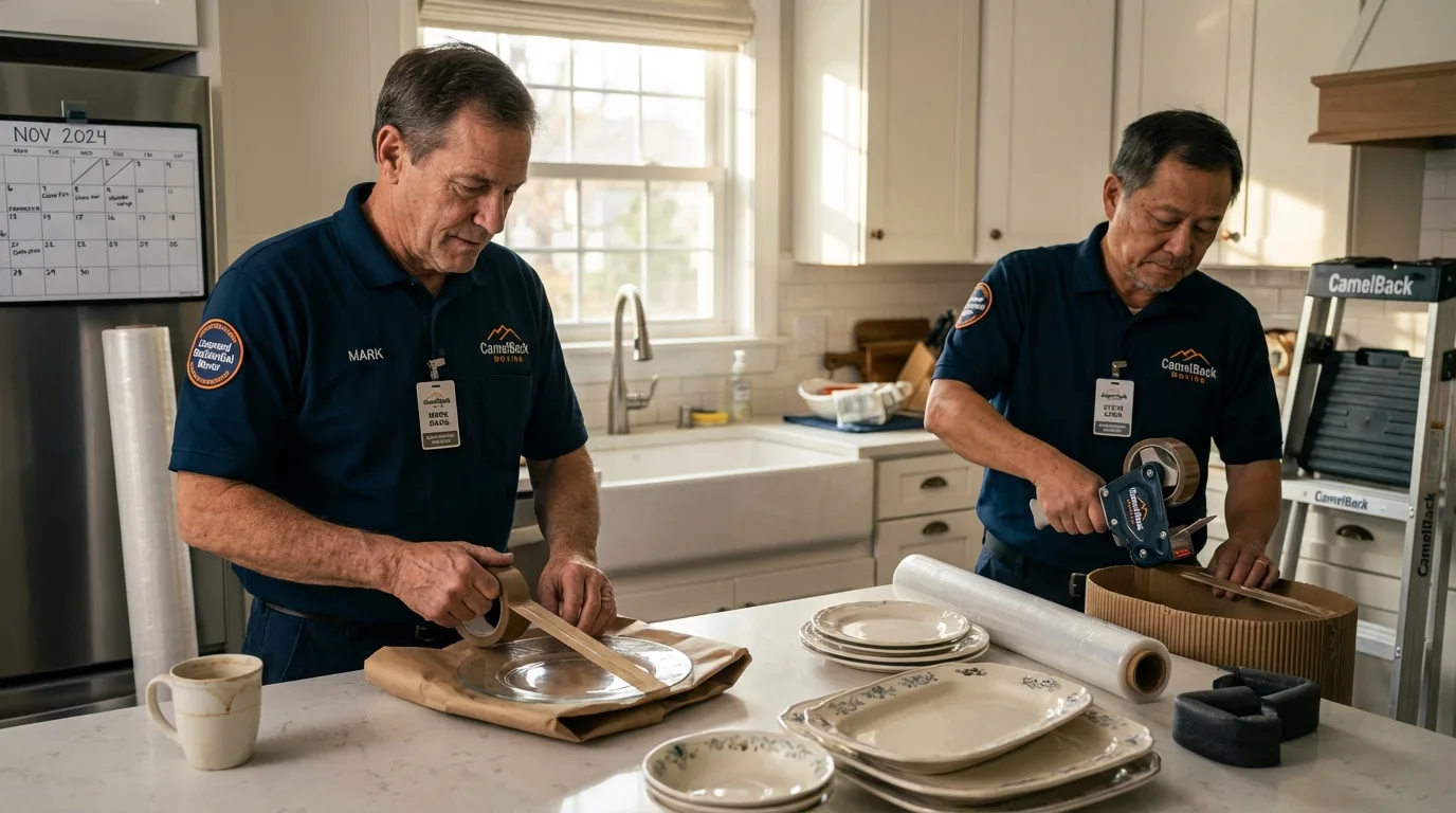 Professional crew packing kitchen dishware in Manistee, MI